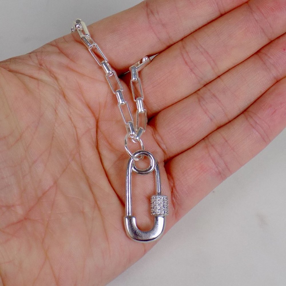 silver tone carabiner safety pin on paperclip chain necklace